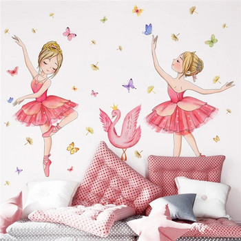Принцеса и лебед Стикери за стена за детски стаи Момичета Сладка балетна танцьорка Цвете Пеперуда Тапети Декорация на детска стая за бебешка стая