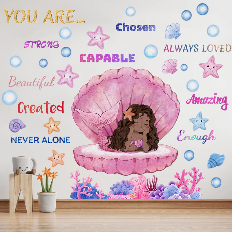 Musta tüdruku printsessi ükssarviku merineitsi seinakleebis, liblikatähtede seinakleebised, positiivne lasteaia sisekujundus, lastetuba magamistuba