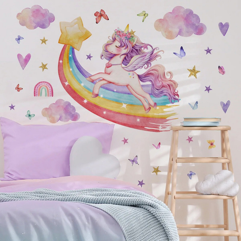 Multifilmi vikerkaar ükssarviku seinakleebised Beebi lastetoa sisekujundus Isekleepuvad seinakleebised lastetoale lasteaiale