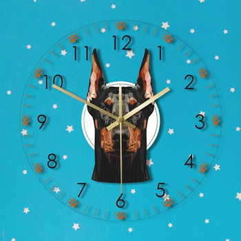 Ρολόι τοίχου με κεφαλή Doberman Pinscher Πορτρέτο Doberman Αθόρυβο ρολόι τοίχου, χωρίς να χτυπά, Διακόσμηση σπιτιού Δώρο φυλής κατοικίδιων σκυλιών κουτάβι σκυλιών