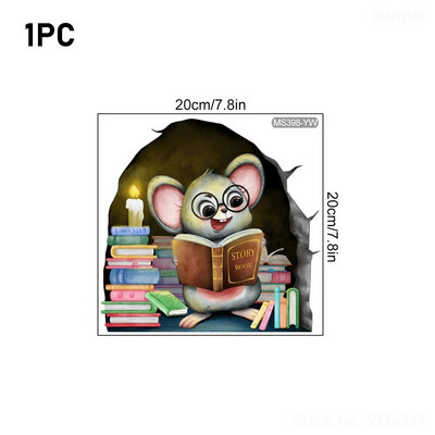 20*20cm-es egér olvasó falmatricák Vicces egérlyuk tapéta gyerekszobába hálószoba saroklépcsők PVC levehető matricák 1/3/5db