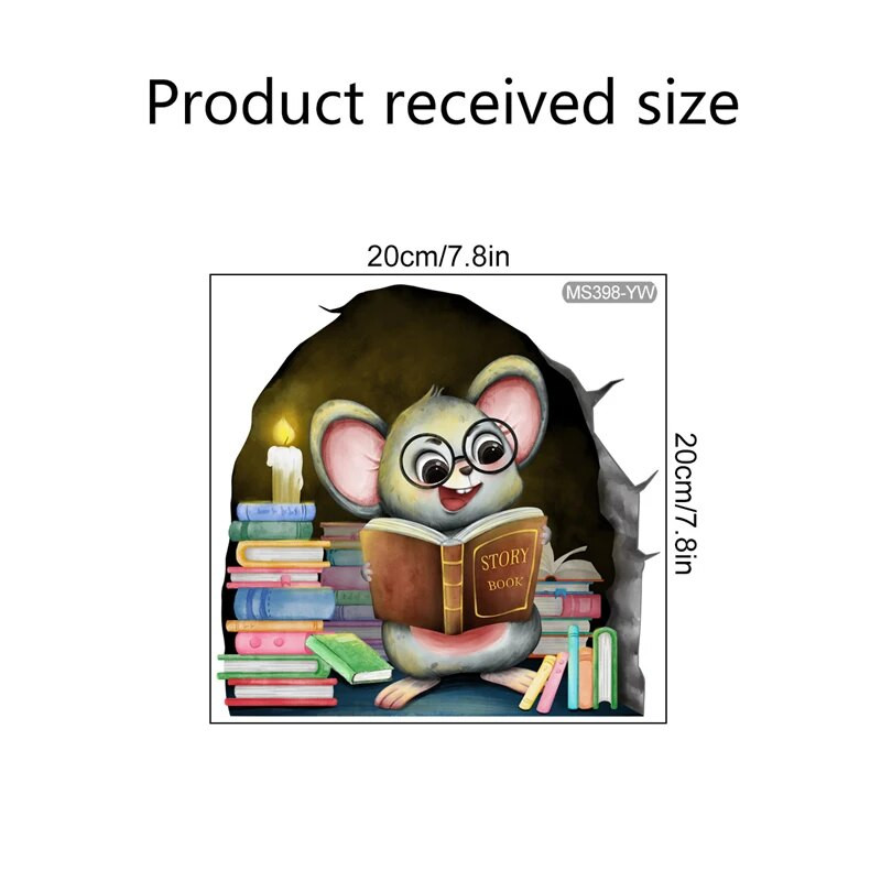 20*20cm-es egér olvasó falmatricák Vicces egérlyuk tapéta gyerekszobába hálószoba saroklépcsők PVC levehető matricák 1/3/5db