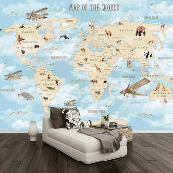 Προσαρμοσμένο Cartoon Animal World Map Background Wall 3D Ταπετσαρία Σαλόνι Υπνοδωμάτιο Παιδική Διακόσμηση Papier Peint Mural Tapety