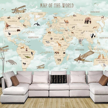 Персонализирана карикатура Карта на света на животните Фонова стена 3D тапети Всекидневна Спалня Детска декорация Papier Peint Стенопис Tapety