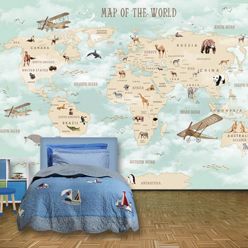 Персонализирана карикатура Карта на света на животните Фонова стена 3D тапети Всекидневна Спалня Детска декорация Papier Peint Стенопис Tapety