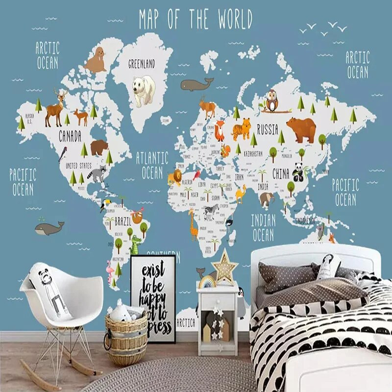 Individualizuotos nuotraukų tapetai 3D animacinių filmų pasaulio žemėlapio freskos Vaikų miegamojo mergaičių ir berniukų patalynė Fono tapetai 3D dekoras