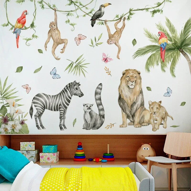 Gyerek falmatricák Dzsungel Állatok Nagy Afrikai Oroszlán Zsiráf Majom Tapéta Gyerekek Fiúk Szobadekoráció Falmatrica Óvoda