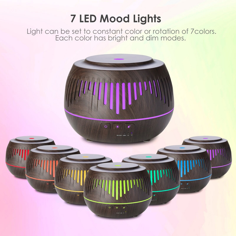 500 ml kodune aroomiteraapia eeterlike õlide hajuti värvilise LED-lambi kaugjuhtimispuldiga elektrilise aroomiõhu niisutaja difuusor