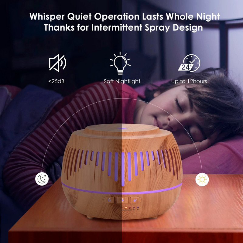 500 ml kodune aroomiteraapia eeterlike õlide hajuti värvilise LED-lambi kaugjuhtimispuldiga elektrilise aroomiõhu niisutaja difuusor
