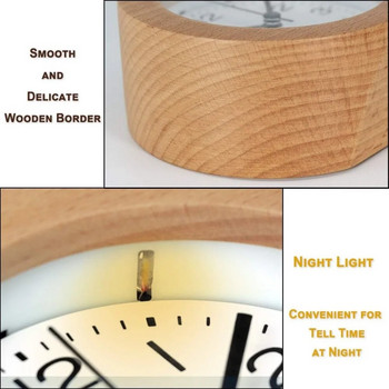 3-инчов кръгъл дървен будилник с арабски цифри, без тиктакане, тиха подсветка, работещ с батерии, дървена маса, настолен будилник