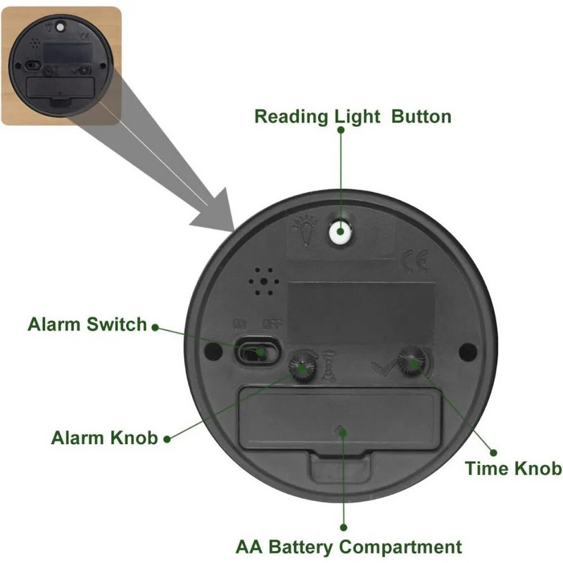 Okrugla drvena budilica od 3 inča s arapskim brojevima bez otkucavanja, tiho pozadinsko osvjetljenje, drvena stolna budilica na baterije