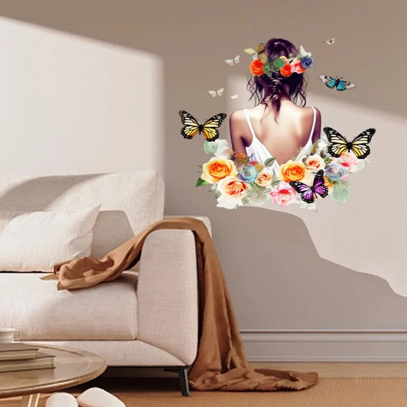 Liblikalillede oksad Tüdruku seljaseina kleebis Magamistoa Elutoa kaunistus Isekleepuv maal