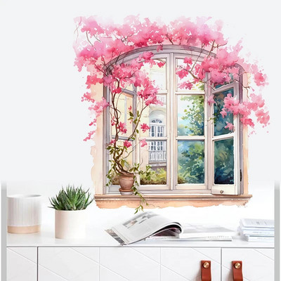 M724 roosa lilleline aken Naljakas seinakleebis Lastetoa taust Kodukaunistuse seinamaaling Elutoa tapeedikleebis