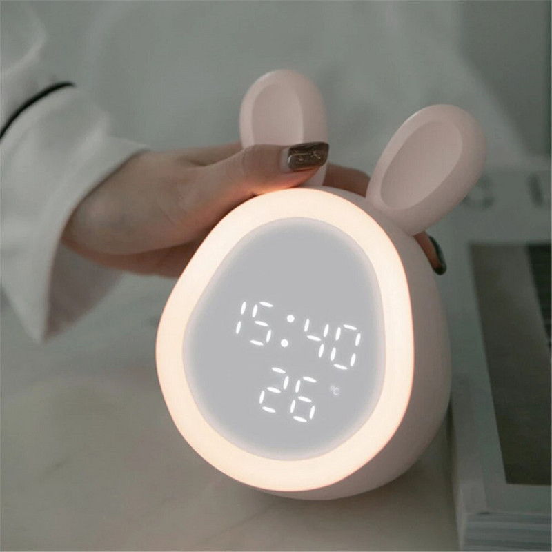 Ceas cu alarmă cu iepure drăguț, cu încărcare prin USB, mini ceas inteligent cu LED-uri cu lumină de noapte, dormitor, ceas electronic de noapte pentru copii, ceas de masă