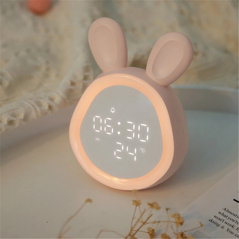 Ceas cu alarmă cu iepure drăguț, cu încărcare prin USB, mini ceas inteligent cu LED-uri cu lumină de noapte, dormitor, ceas electronic de noapte pentru copii, ceas de masă