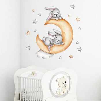 Αυτοκόλλητα τοίχου με κινούμενα σχέδια ζωάκι αυτοκόλλητα τοίχου Bunny Elephant Moon για μωρό υπνοδωμάτιο Διακόσμηση δωματίου κοριτσάκι Ταπετσαρία παιδικού δωματίου
