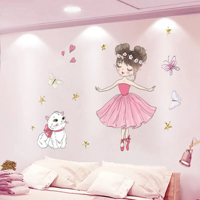 Cartoon Dance Girl Kitty Butterfly Стикер за стена Craft Paper Girls Princess Bedroom Домашна декорация на стена Самозалепващ стикер