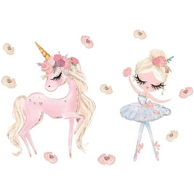 64406 Ružičasti jednorog zidna naljepnica Kreativna dječja spavaća soba Baletna djevojka Pvc materijal Ravna zidna naljepnica u crtanom stilu Ulaz