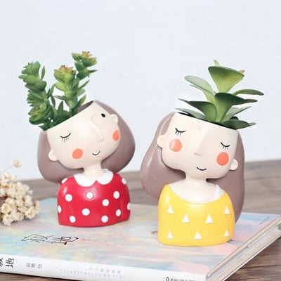 Pozsgás növények virágtartók Virágcserepek Kaktusz növénycserep Lovely Girl Head Bonsai Ültető edények Díszek vízelvezető lyukkal Asztaldekoráció