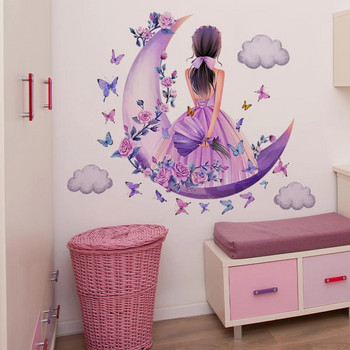 Карикатура Moon Butterfly Girl\'s Back Самозалепващи се стикери за стена за детска стая Декорация на стая за момичета Декорация на спалня Декорация на стена