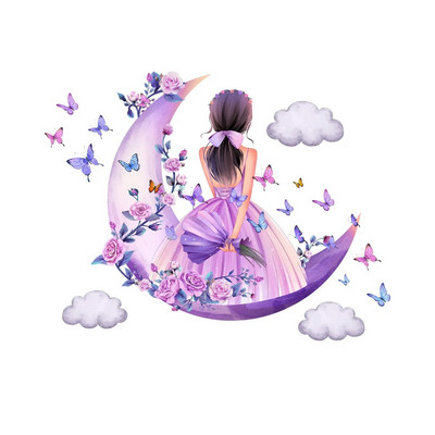 Cartoon Moon Butterfly Girl`s Back Isekleepuvad seinakleebised Lastetoale Tüdrukutele Toakaunistus Magamistoa Sisustus Seinakaunistus