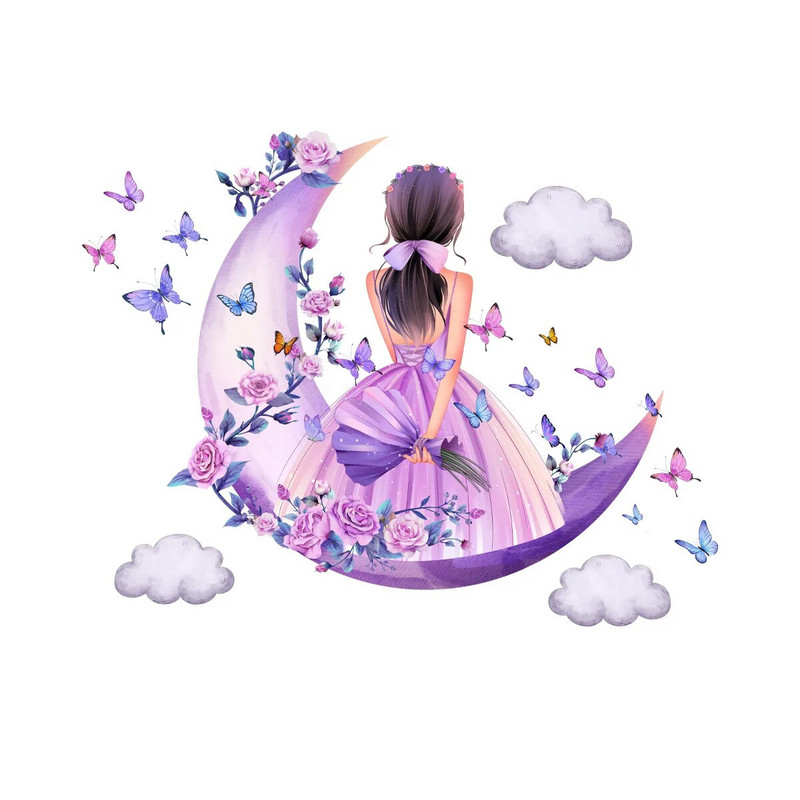 Cartoon Moon Butterfly Girl`s Back Isekleepuvad seinakleebised Lastetoale Tüdrukutele Toakaunistus Magamistoa Sisustus Seinakaunistus