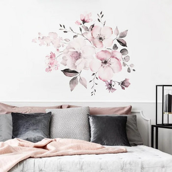 Ακουαρέλα ροζ λουλούδι και φύλλα σε συνδυασμό αυτοκόλλητα τοίχου Αυτοκόλλητα διακόσμησης φόντου σπιτιού Αφαιρούμενη αυτοκόλλητη τοιχογραφία