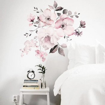 Ακουαρέλα ροζ λουλούδι και φύλλα σε συνδυασμό αυτοκόλλητα τοίχου Αυτοκόλλητα διακόσμησης φόντου σπιτιού Αφαιρούμενη αυτοκόλλητη τοιχογραφία