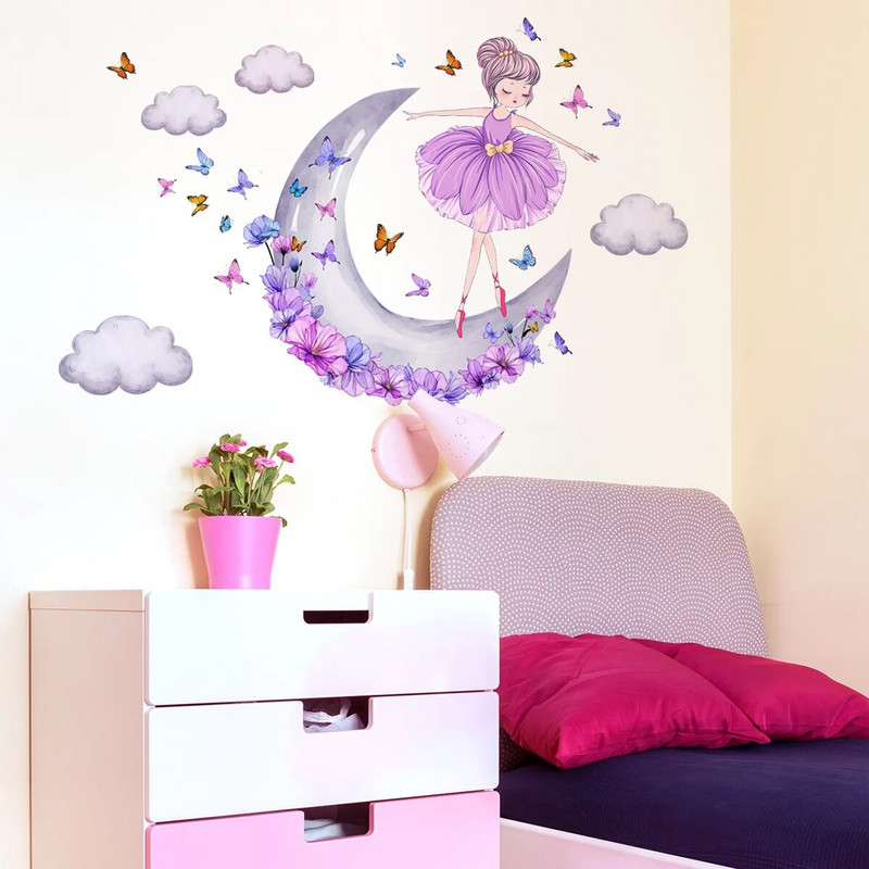 Merginos šokančios ant mėnulio Sienų lipdukai vaikų kambariui Mergaičių kambario lipdukai Dekoravimo tapetai Kūdikių kambario sienų lipdukai PVC freska