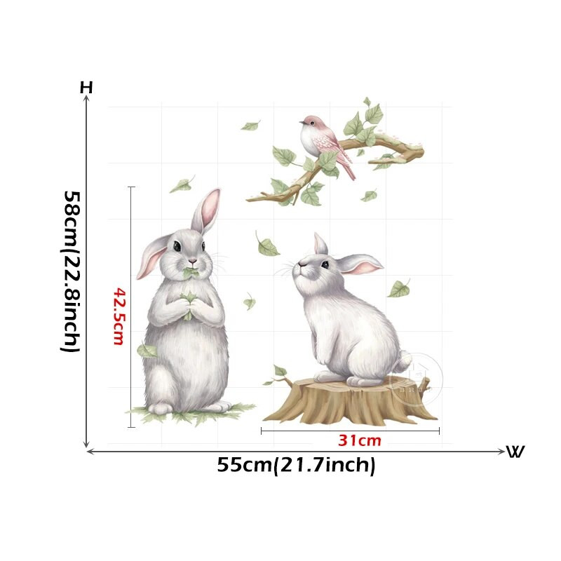 BRUP Dva slatka zečića koji se igraju na panju Zidne naljepnice s pticama granama Naljepnice za dječju sobu Ukrasne naljepnice
