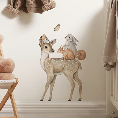 Cartoon Animal Sika Deer Fox Rabbit Children`s Room Kindergarten Background Decorative Wall Stickers Room Decoration
