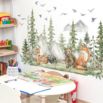 Горски животни елен мечка стикери за стена за детски стаи стикери за стена за декорация на стая карикатура животни дърво стенописи