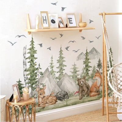 Forest animals deer bear wall stickers for children`s rooms wall stickers for room decoration cartoon animals tree murals
