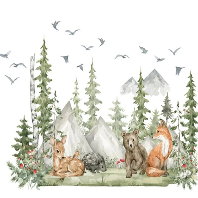Šumske životinje jelen medvjed zidne naljepnice za dječje sobe zidne naljepnice za uređenje sobe crtane životinje murali stabla