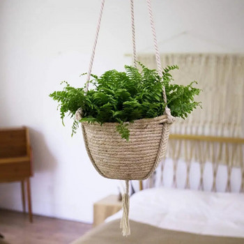 Плетена кошница от слама Преносима окачена кошница за окачване на стена за цветни растения за балкон, градина, висяща кашпа Начало Декор
