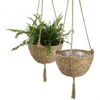 Плетена кошница от слама Преносима окачена кошница за окачване на стена за цветни растения за балкон, градина, висяща кашпа Начало Декор