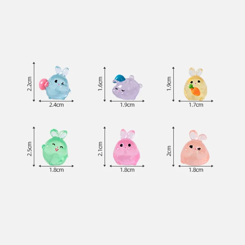 6 TK Helendavad Rabbits Resin Fairy Garden Aksessuaarid Öösel helendavad Miniatuurid Küüliku Lauakaunistus Kawaii Kodukaunistus DIY