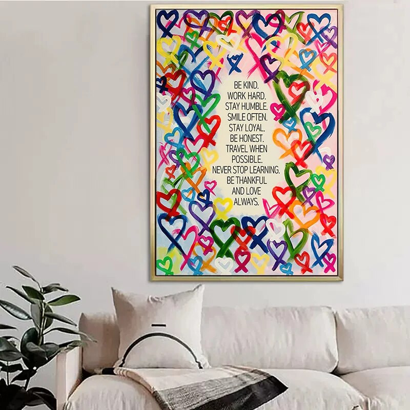 Motiveeriv tsitaadiplakat Värvilised südamed lõuendimaal Abstraktne grafitikunst seinapilt kaasaegse elutoa kodukaunistuseks