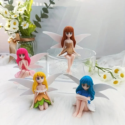 4 бр./компл. Приказни градински аксесоари Къща за кукли Ornamen Flower Fairy Pixie Fly Wing Miniatures Girl PVC фигурки