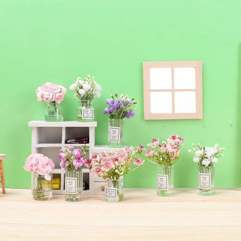 1:12 Kućica za lutke Vaza za cvijeće Dodaci za lutke Ružičasta ruža Bijeli jasmin Mini cvjetni aranžman