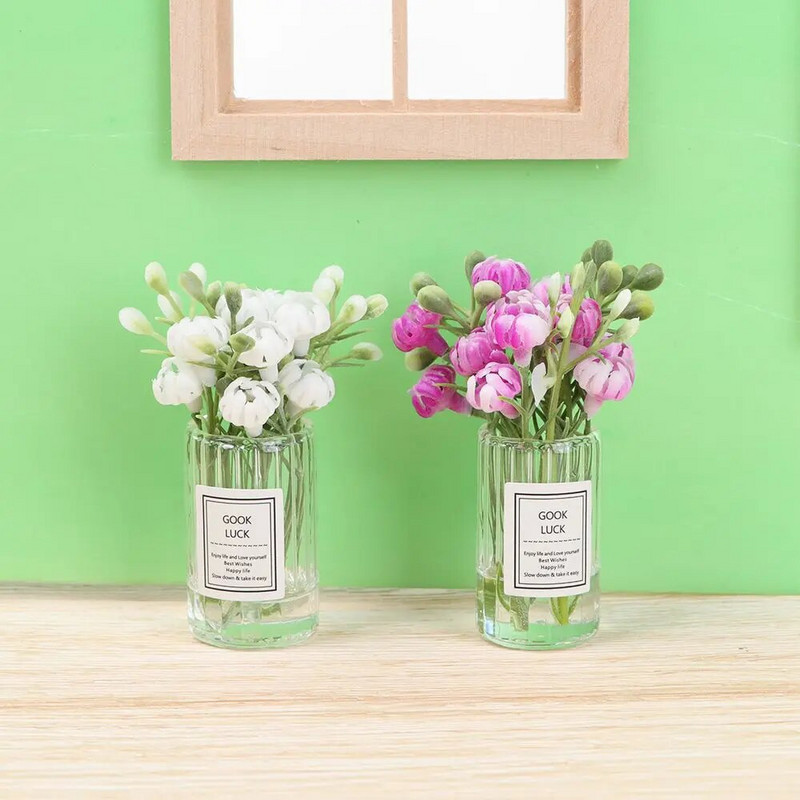 1:12 Kućica za lutke Vaza za cvijeće Dodaci za lutke Ružičasta ruža Bijeli jasmin Mini cvjetni aranžman