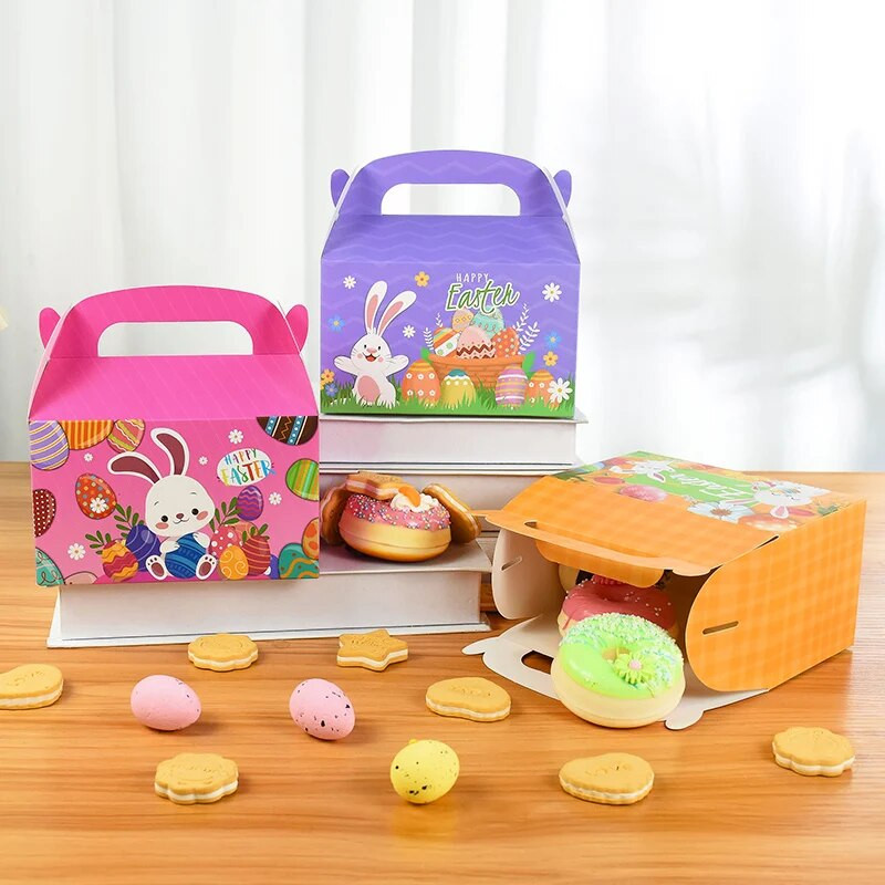 Cutie de 5 bucăți cu iepuri drăguți, prăjituri, bomboane, cutie de cadou portabilă, drăguță, cutie de ambalare de Paște, iepure de desene animate, decorare pentru petrecerea de Paște 2024, cadouri pentru copii