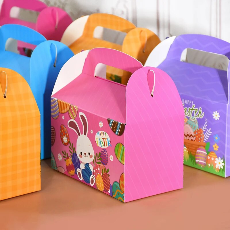 Cutie de 5 bucăți cu iepuri drăguți, prăjituri, bomboane, cutie de cadou portabilă, drăguță, cutie de ambalare de Paște, iepure de desene animate, decorare pentru petrecerea de Paște 2024, cadouri pentru copii