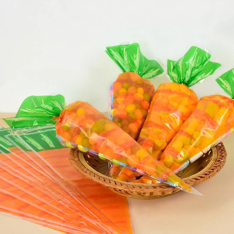 20/40 buc. Saci de bomboane de iepure de Paște morcov, pungi de prăjituri de iepuraș, pungi de cadouri din plastic transparent pentru decorarea petrecerii de aniversare a copiilor