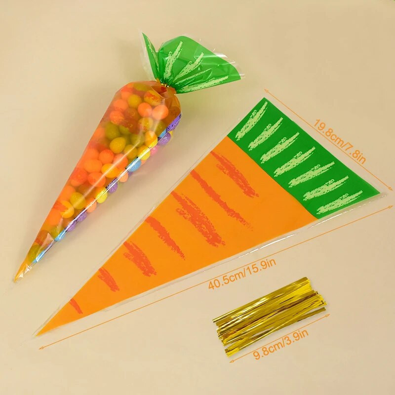 20/40 buc. Saci de bomboane de iepure de Paște morcov, pungi de prăjituri de iepuraș, pungi de cadouri din plastic transparent pentru decorarea petrecerii de aniversare a copiilor