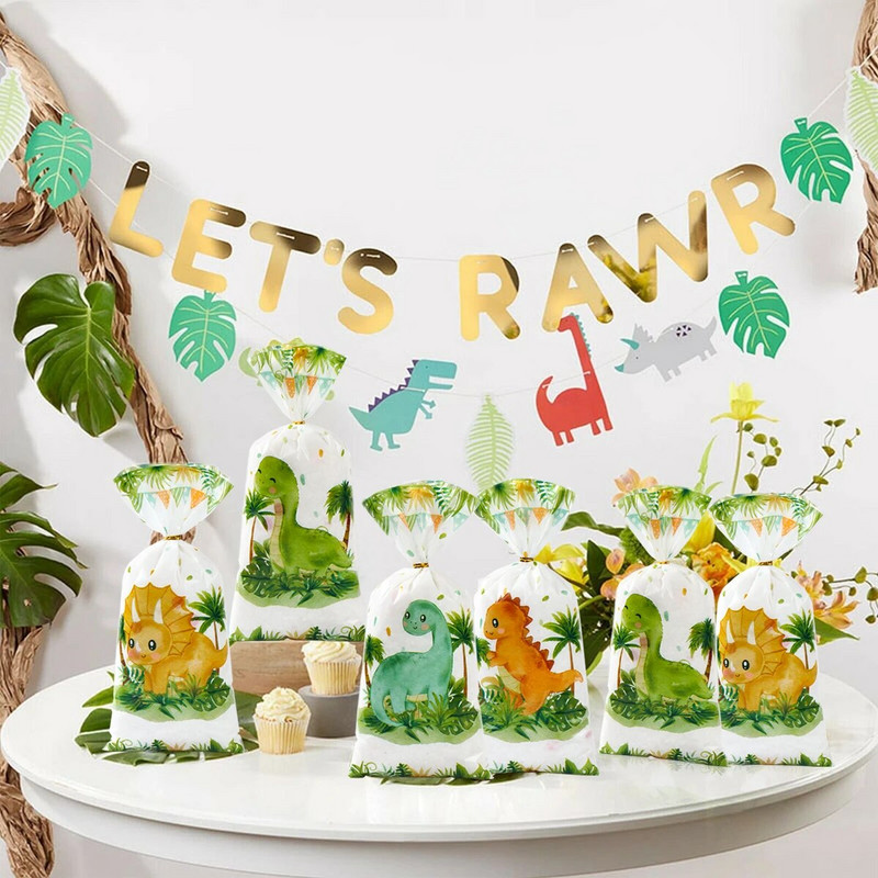 25/50/100db Rajzfilm dinoszaurusz PVC ajándéktasakok cukorka süti csomagoló táska dzsungel dinoszaurusz hableány pillangó születésnapi parti dekoráció