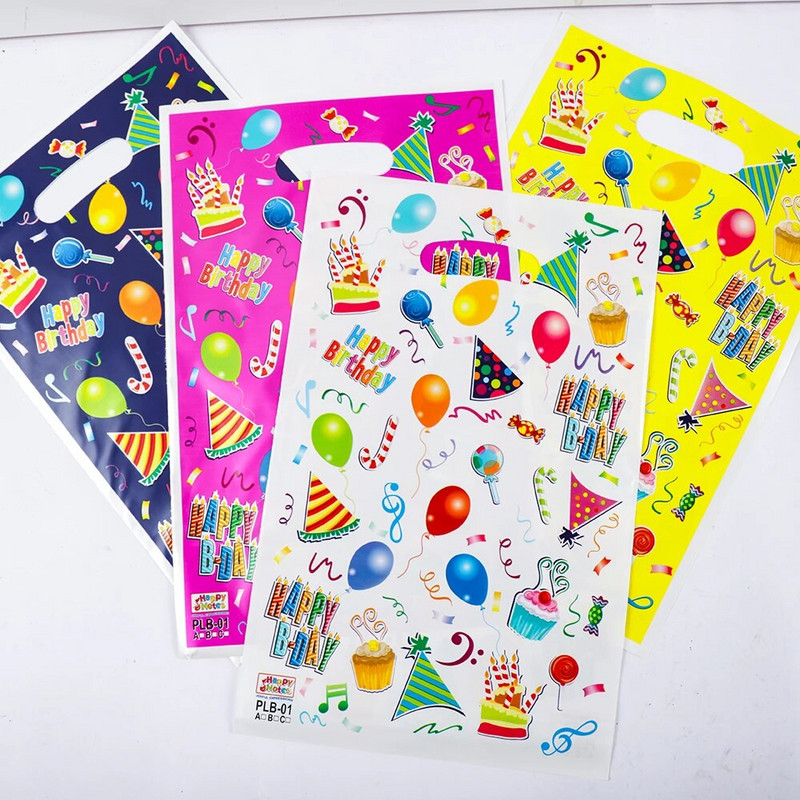 20db színes műanyag Boldog születésnapot ajándékcsomagoló táska Cukorka sütis táskák gyerekeknek Születésnapi Babazuhany Party Favor táskák