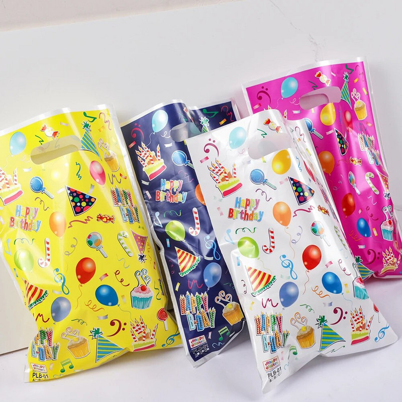 20db színes műanyag Boldog születésnapot ajándékcsomagoló táska Cukorka sütis táskák gyerekeknek Születésnapi Babazuhany Party Favor táskák