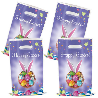 60 τμχ 2024 Happy Easter Rabbit Bunny Reusable Snack Treat Goody Candy Bag Gift Bags with handle Plastic Candy Bag Purple