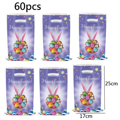 60 vnt., 2024 m. Linksmų Velykų triušio zuikis, daugkartinis užkandis Goody saldainių maišelisDovanų maišeliai su rankenomis Plastikinis saldainių maišelis Purpurinis